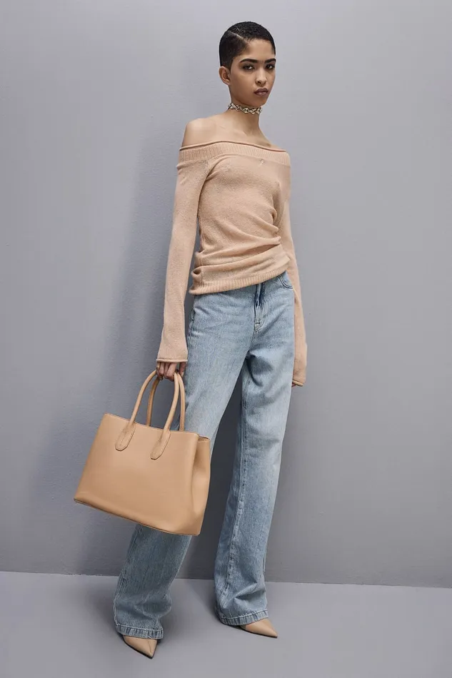 Patrizia Pepe Fly Leather Shopping Bag With Shoulder Strap Beige Pompei Beige Bags Shoppers
