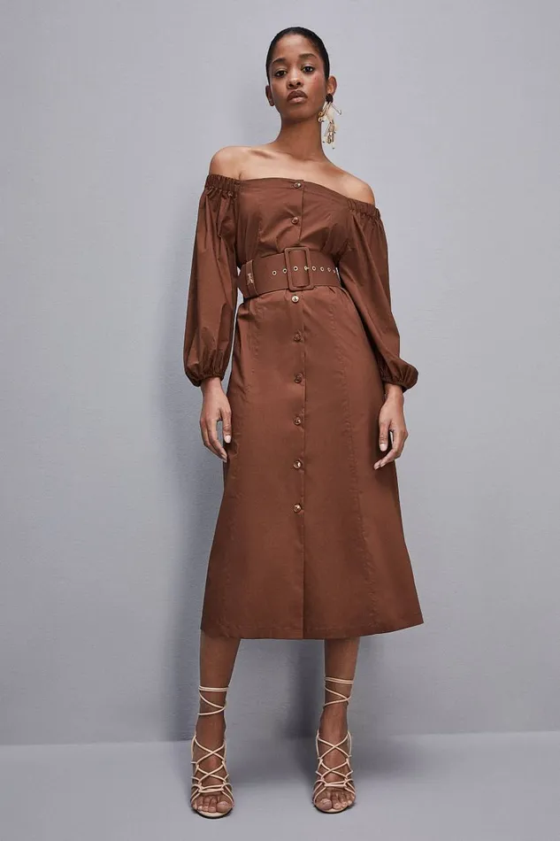 Patrizia Pepe Offshoulder Dress With Belt Brown Chocolate Brown Apparel Midi