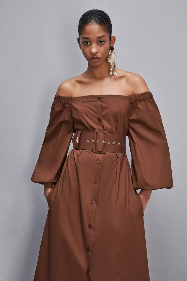 Patrizia Pepe Offshoulder Dress With Belt Brown Chocolate Brown Apparel Midi