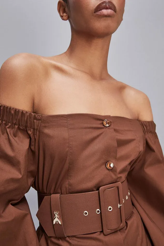 Patrizia Pepe Offshoulder Dress With Belt Brown Chocolate Brown Apparel Midi