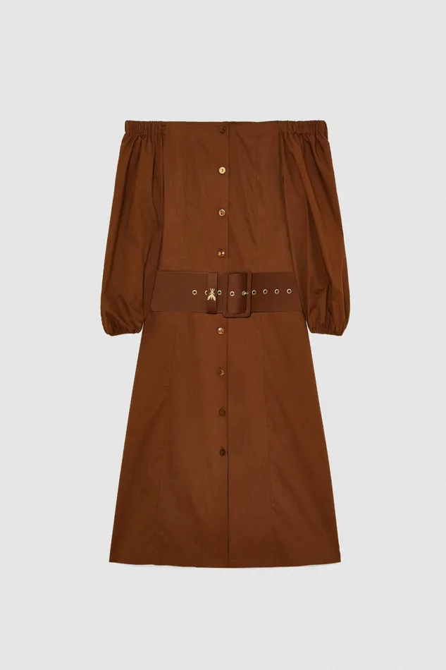 Patrizia Pepe Offshoulder Dress With Belt Brown Chocolate Brown Apparel Midi