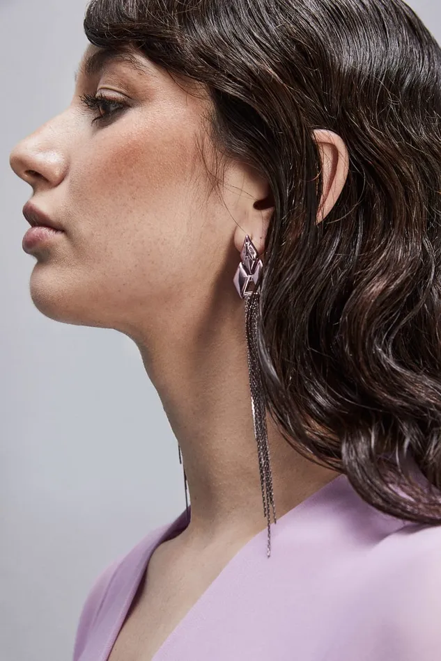 Patrizia Pepe Pendant Earrings With Micro Fly Links And Metal Fringing Pink Shiny Lilac Accessories