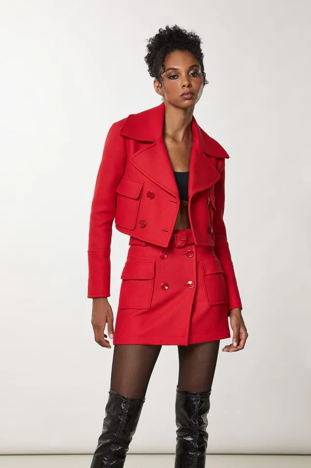 Patrizia Pepe Red Double Breasted Cropped Coat Infrarouge Red Apparel Jackets
