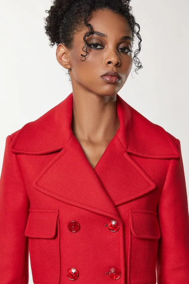 Patrizia Pepe Red Double Breasted Cropped Coat Infrarouge Red Apparel Jackets