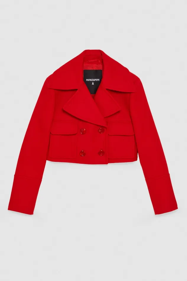 Patrizia Pepe Red Double Breasted Cropped Coat Infrarouge Red Apparel Jackets
