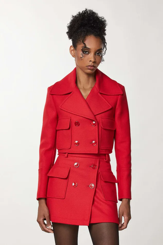 Patrizia Pepe Red Double Breasted Cropped Coat Infrarouge Red Apparel Jackets