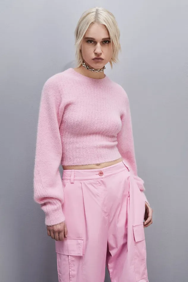Patrizia Pepe Rib Knit Sweater With Round Neckline Pink Fresh Pink Apparel Sweaters