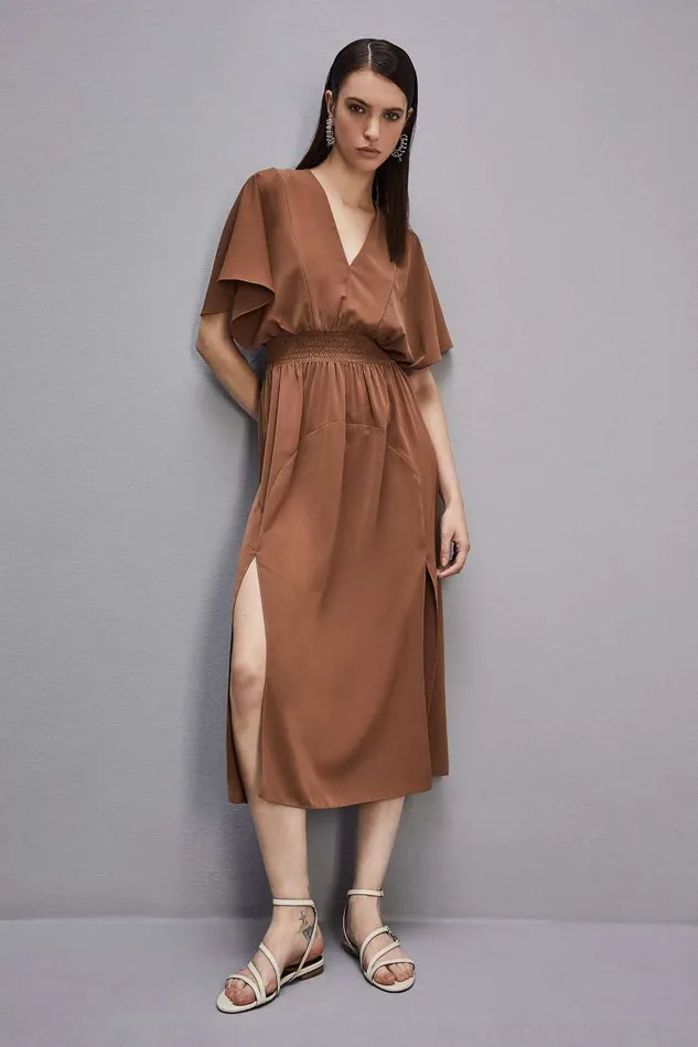 Patrizia Pepe Satin Dress With Smock Stitching Brown Chocolate Brown Apparel Midi