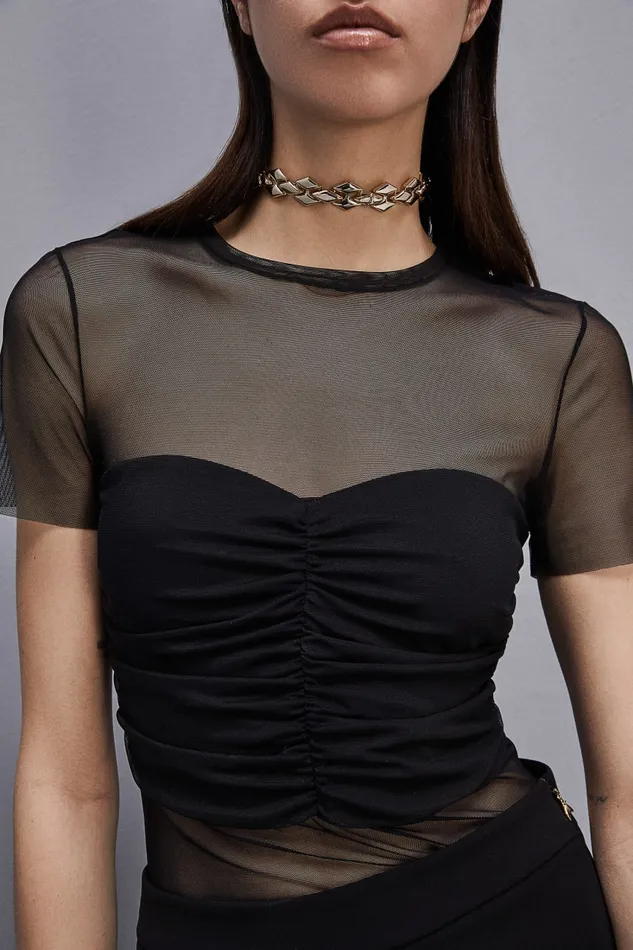 Patrizia Pepe Slim Tshirt In Stretch Tulle Black Nero Apparel TShirts