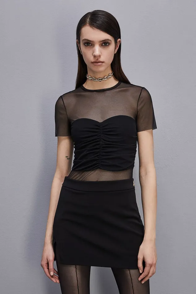 Patrizia Pepe Slim Tshirt In Stretch Tulle Black Nero Apparel TShirts