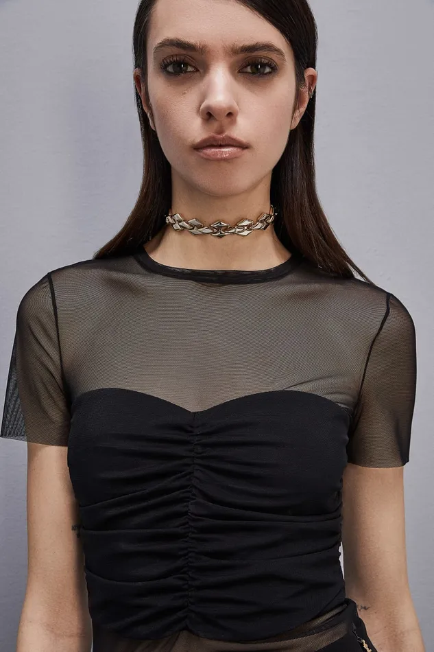 Patrizia Pepe Slim Tshirt In Stretch Tulle Black Nero Apparel TShirts