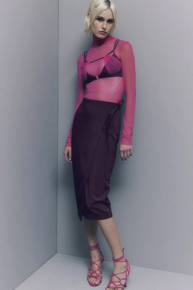 Patrizia Pepe Stretch Tulle Turtleneck Pink Poison Orchid Apparel Tops