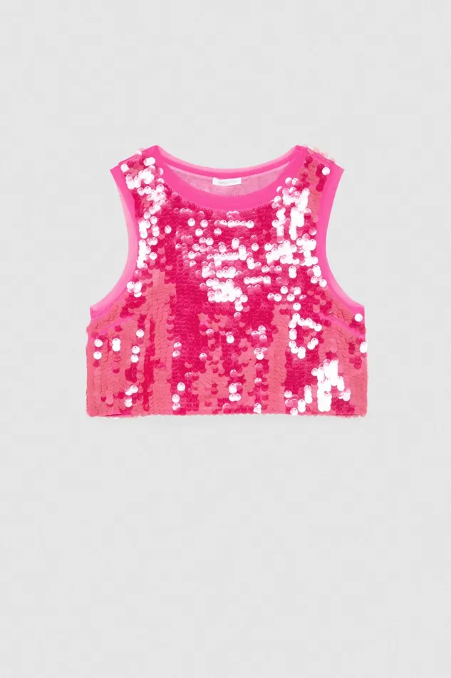 Patrizia Pepe Tulle Tunic With Sequins Pink Poison Orchid Apparel Tops