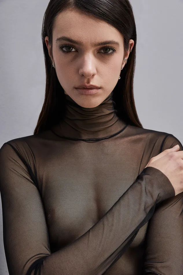 Patrizia Pepe Tulle Turtleneck Black Nero Apparel Tops