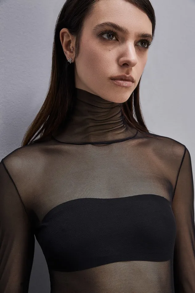 Patrizia Pepe Tulle Turtleneck Black Nero Apparel Tops