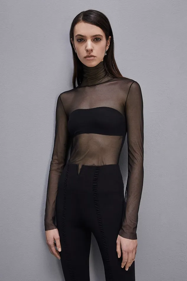 Patrizia Pepe Tulle Turtleneck Black Nero Apparel Tops