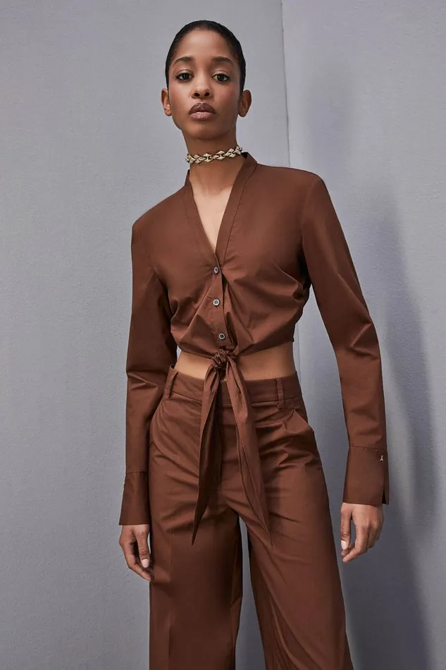 Patrizia Pepe Vneck Shirt With Knot Brown Chocolate Brown Apparel Shirts