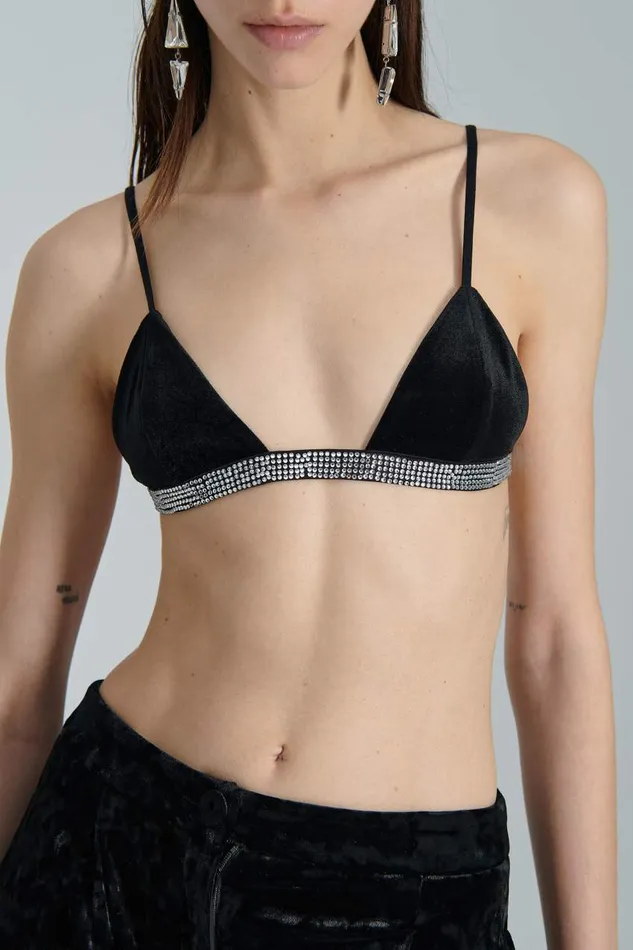 Patrizia Pepe Velvet Bra With Rhinestones Black Blackshiny Crystal Apparel Lingerie