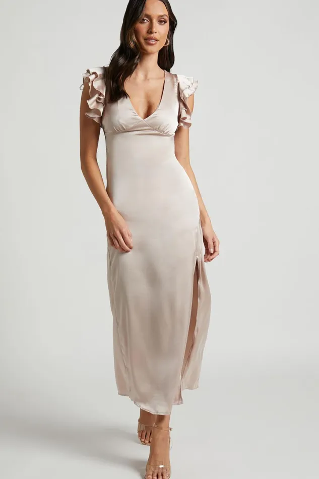 Phagie Midi Dress 8211 Deep V Ruffle Sleeve Side Split Dress In Champagne Women Showpo Dresses