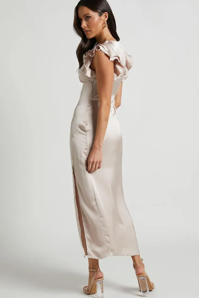 Phagie Midi Dress 8211 Deep V Ruffle Sleeve Side Split Dress In Champagne Women Showpo Dresses