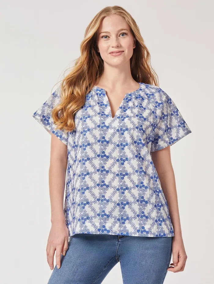 Plus Size Popover Floral Embroidery Short Sleeve Blouse Women Jones New York Plus Sale