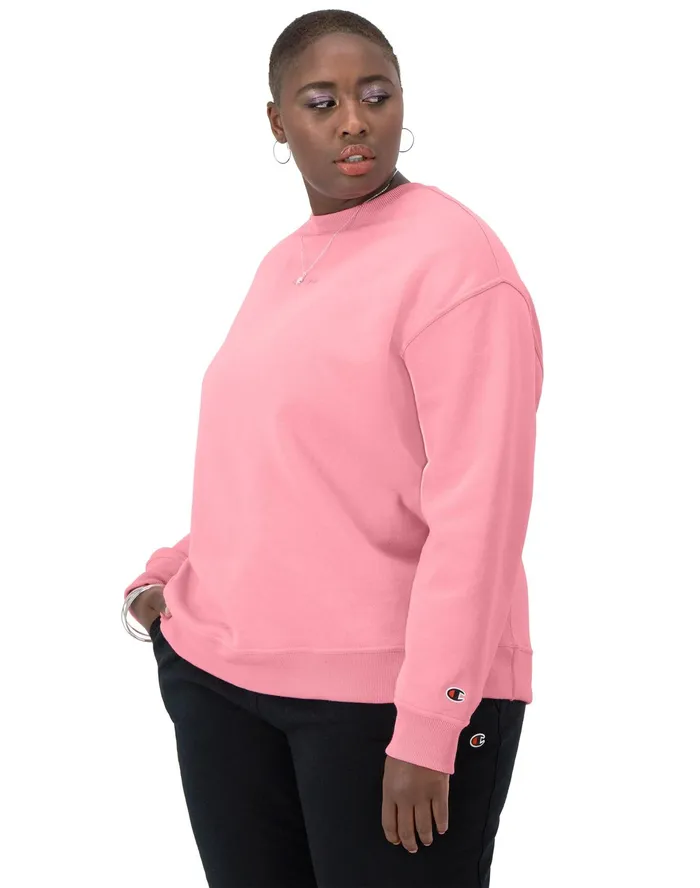 Powerblend Crewneck Sweatshirt Embroidered Script Logo Plus Size Marzipan Pink Women Champion Hoodies and Sweatshirts
