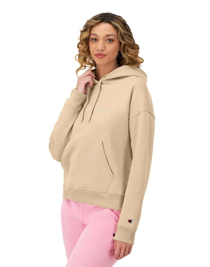 Powerblend Hoodie Relaxed Full Embroidered Script Logo Champagne Frost Women Champion Hoodies and Sweatshirts