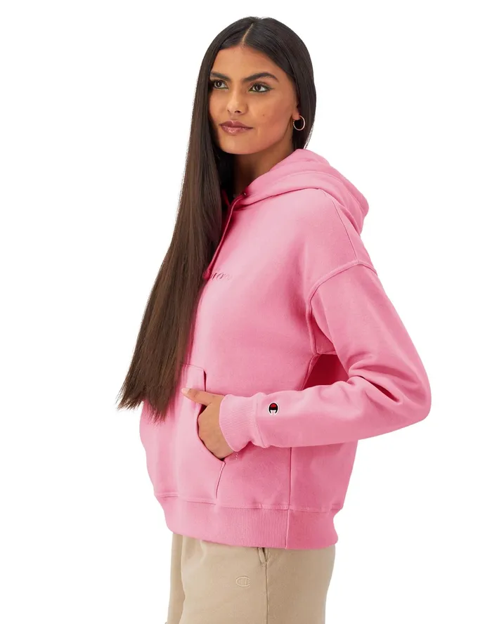 Powerblend Hoodie Relaxed Full Embroidered Script Logo Marzipan Pink Women Champion Hoodies and Sweatshirts