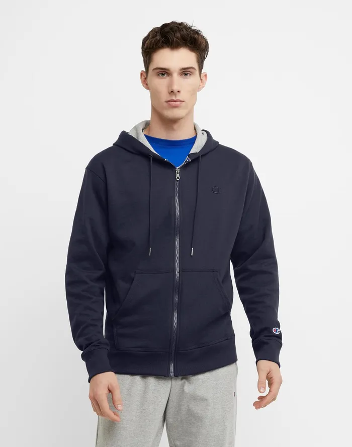 Powerblend Hoodie Zip Up C Logo Navy Men Champion Hoodies and Sweatshirts