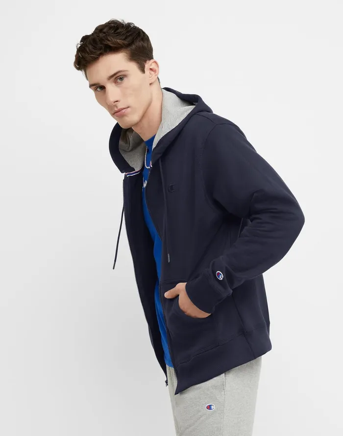 Powerblend Hoodie Zip Up C Logo Navy Men Champion Hoodies and Sweatshirts