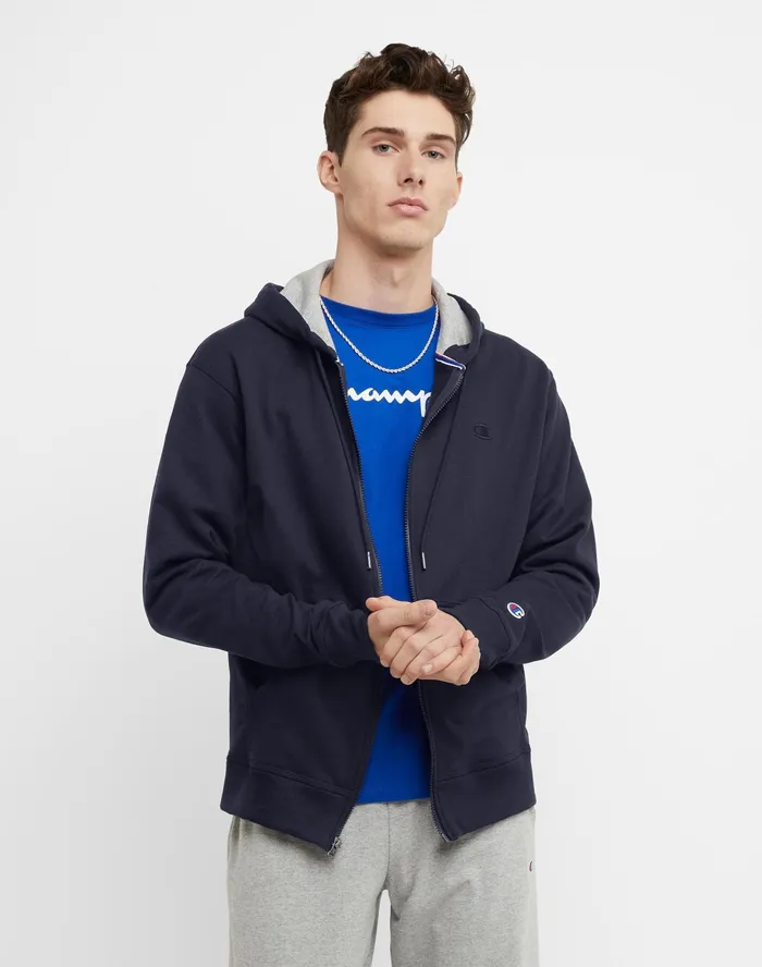 Powerblend Hoodie Zip Up C Logo Navy Men Champion Hoodies and Sweatshirts