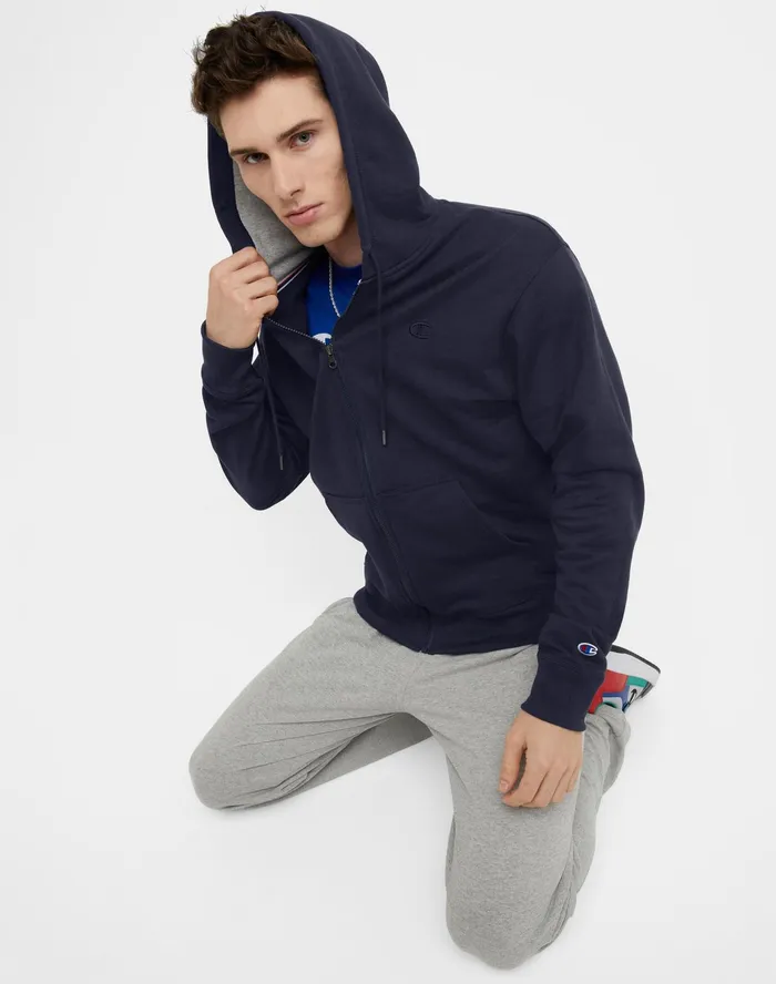 Powerblend Hoodie Zip Up C Logo Navy Men Champion Hoodies and Sweatshirts
