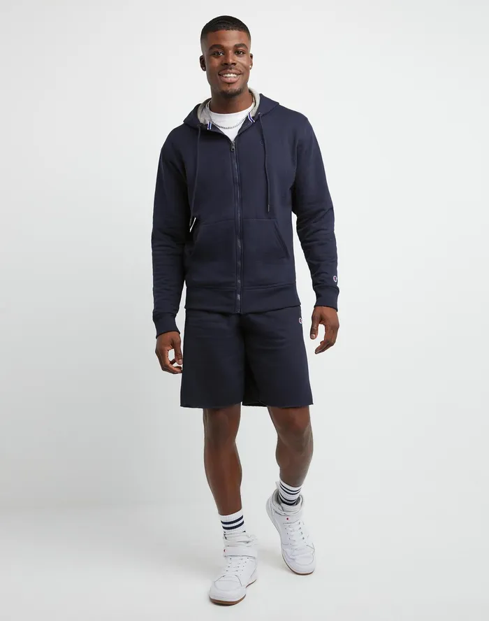 Powerblend Hoodie Zip Up C Logo Navy Men Champion Hoodies and Sweatshirts