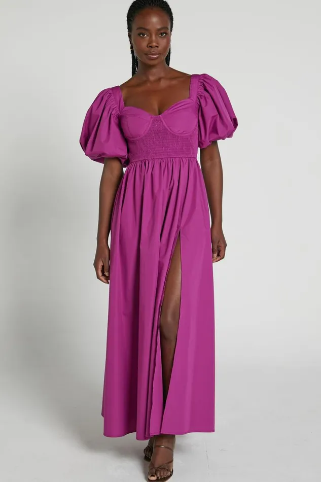 Raiza Midi Dress 8211 Shirred Waist Puff Sleeve Dress In Orchid Women Showpo Curve Clothes