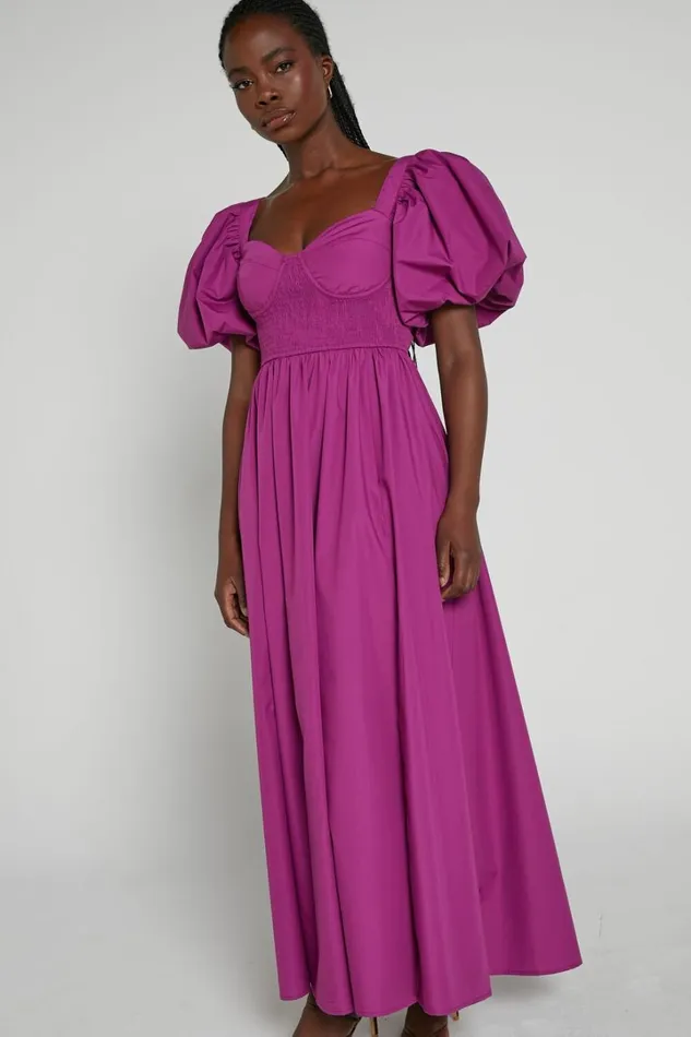 Raiza Midi Dress 8211 Shirred Waist Puff Sleeve Dress In Orchid Women Showpo Curve Clothes