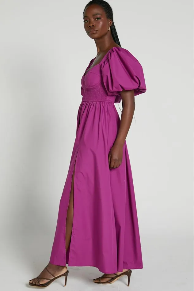Raiza Midi Dress 8211 Shirred Waist Puff Sleeve Dress In Orchid Women Showpo Curve Clothes