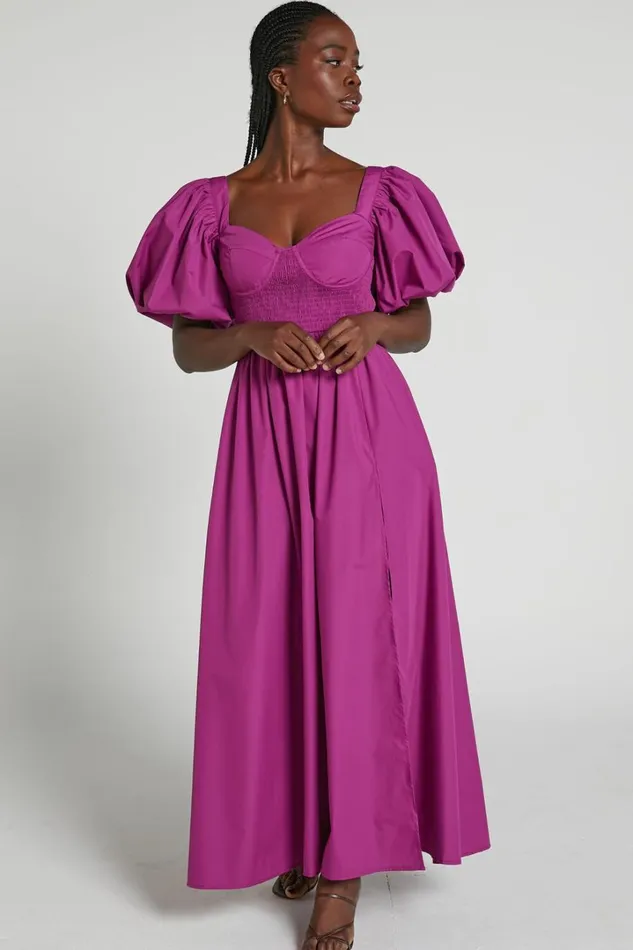 Raiza Midi Dress 8211 Shirred Waist Puff Sleeve Dress In Orchid Women Showpo Curve Clothes