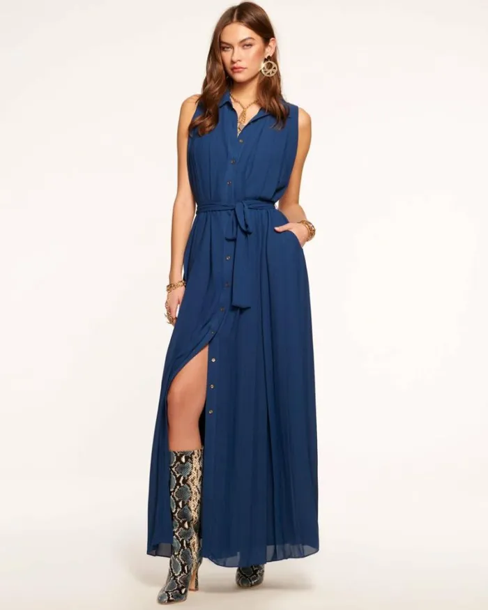 Ramy Brook Dresses Women Coraline Pleated Maxi Dress Spring Navy