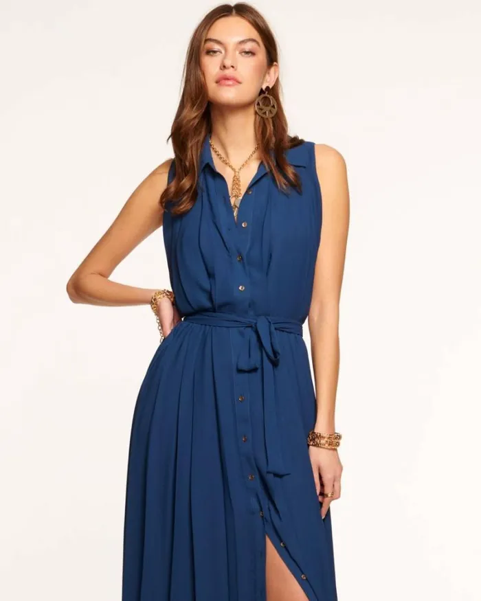 Ramy Brook Dresses Women Coraline Pleated Maxi Dress Spring Navy