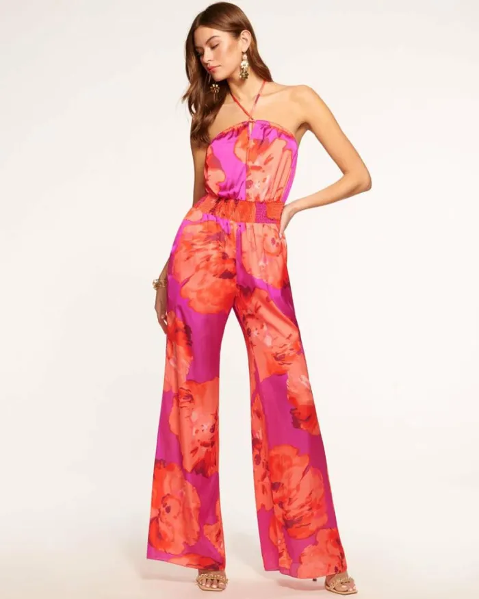 Ramy Brook Dresses Women Mindy Smocked Halter Jumpsuit Rose Watercolor