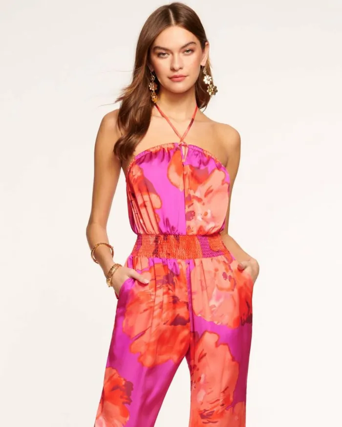 Ramy Brook Dresses Women Mindy Smocked Halter Jumpsuit Rose Watercolor