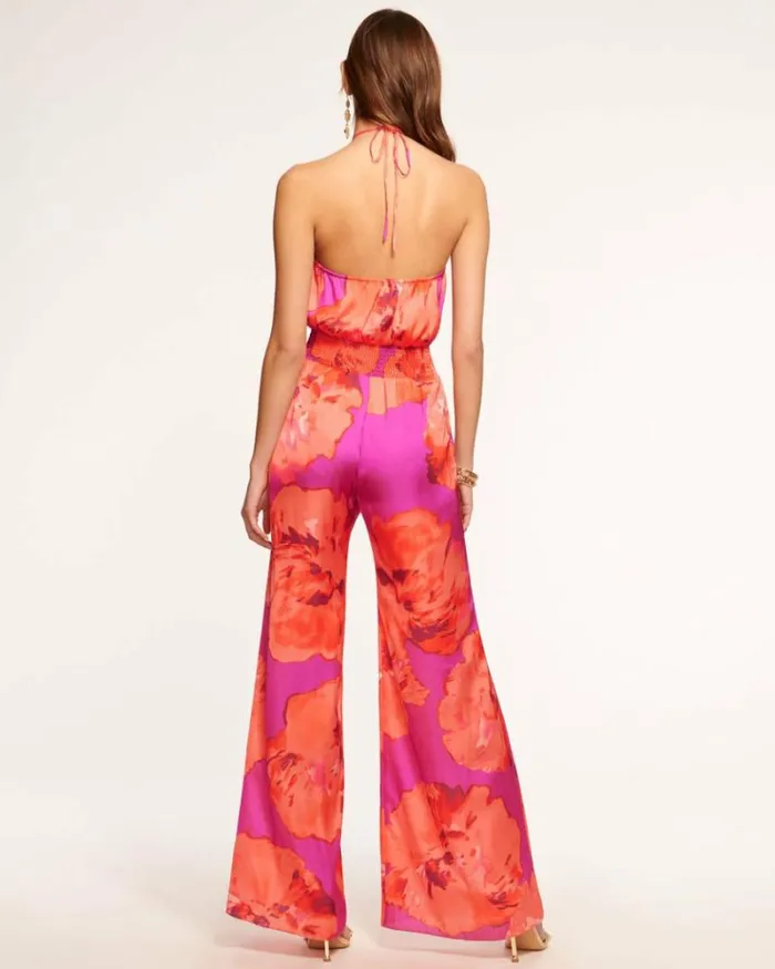 Ramy Brook Dresses Women Mindy Smocked Halter Jumpsuit Rose Watercolor