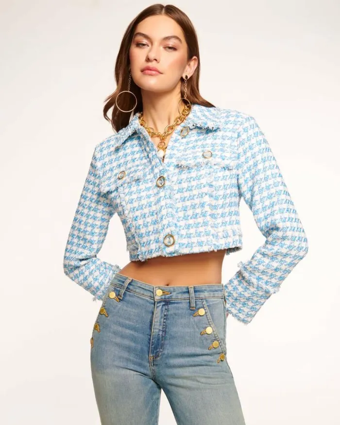 Ramy Brook Jackets Women Maleah Houndstooth Cropped Jacket Blue Houndstooth