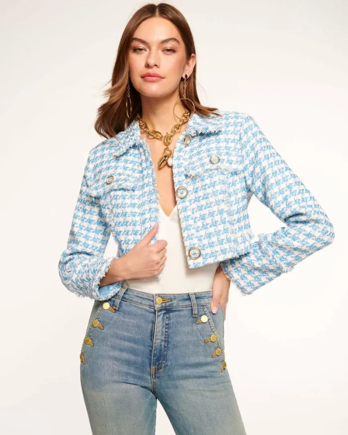 Ramy Brook Jackets Women Maleah Houndstooth Cropped Jacket Blue Houndstooth