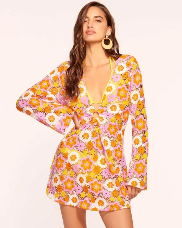 Ramy Brook Swim and Coverups Women Analia Crochet Floral Coverup Dress Citrine Daisy