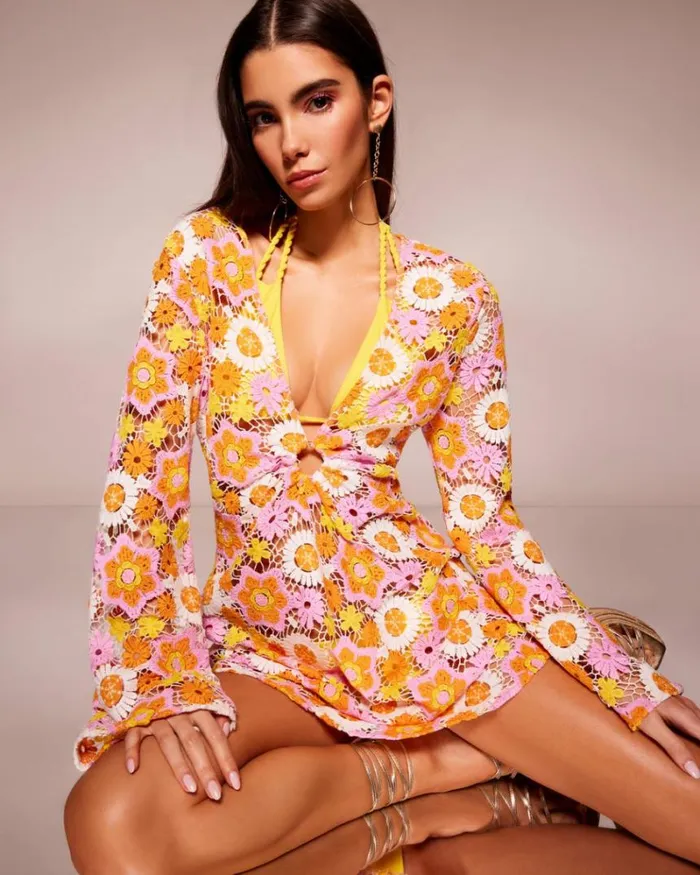Ramy Brook Swim and Coverups Women Analia Crochet Floral Coverup Dress Citrine Daisy