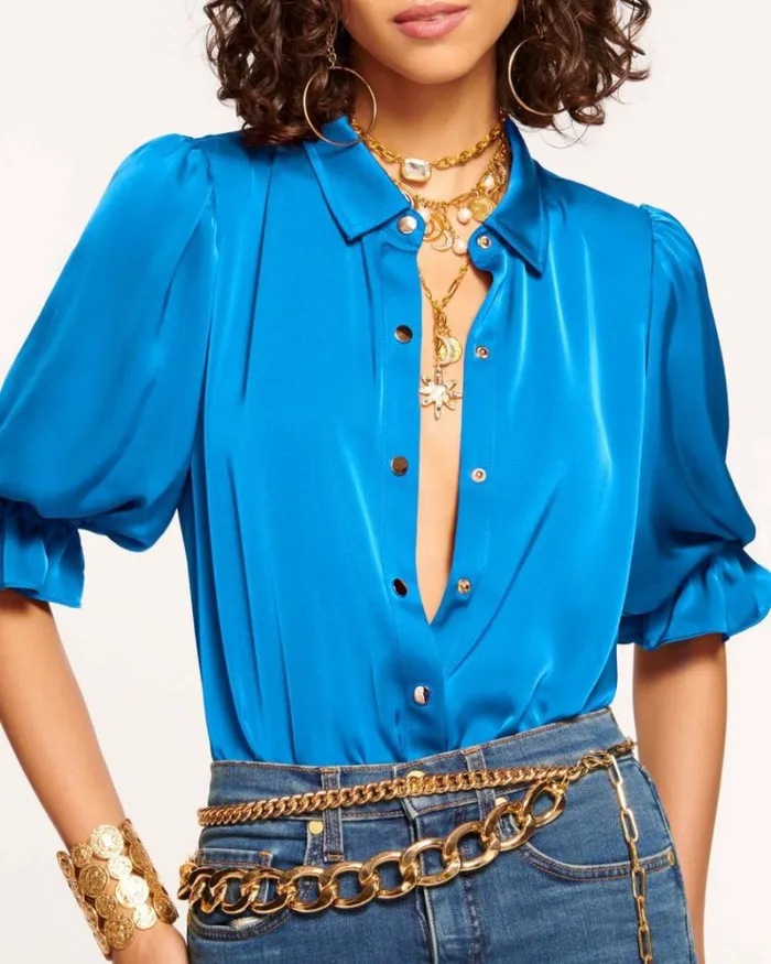 Ramy Brook Tops Women Dina Button Down Bodysuit Marrakech Blue