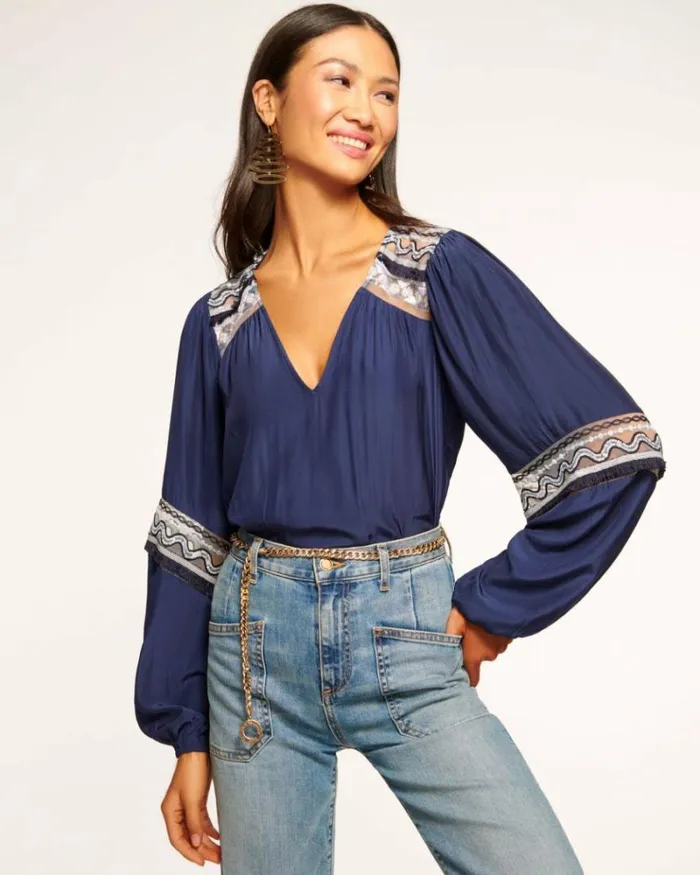 Ramy Brook Tops Women Laurel Embellished VNeck Blouse Spring Navy