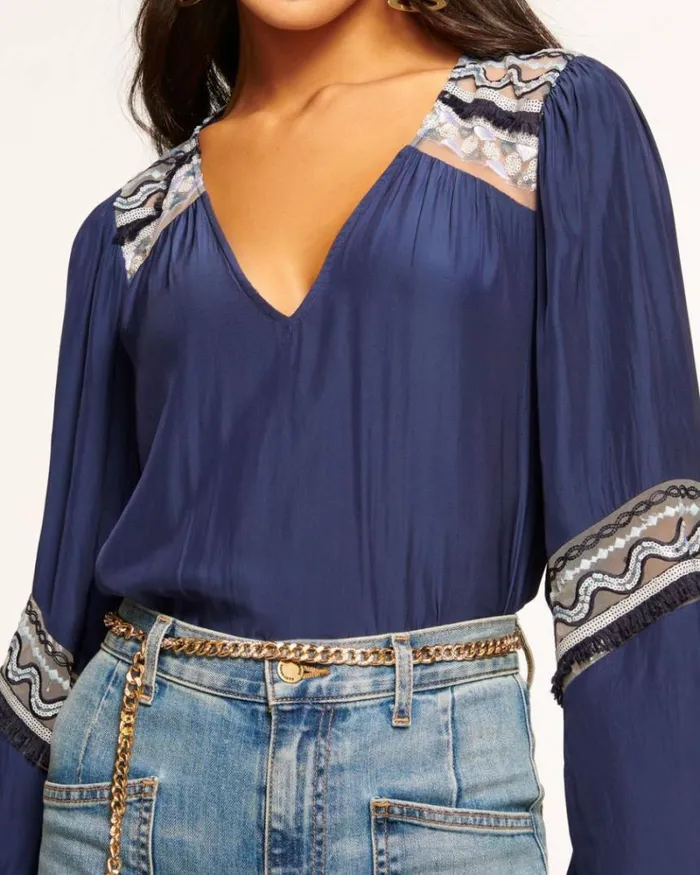 Ramy Brook Tops Women Laurel Embellished VNeck Blouse Spring Navy