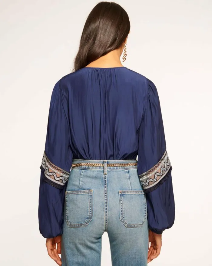Ramy Brook Tops Women Laurel Embellished VNeck Blouse Spring Navy